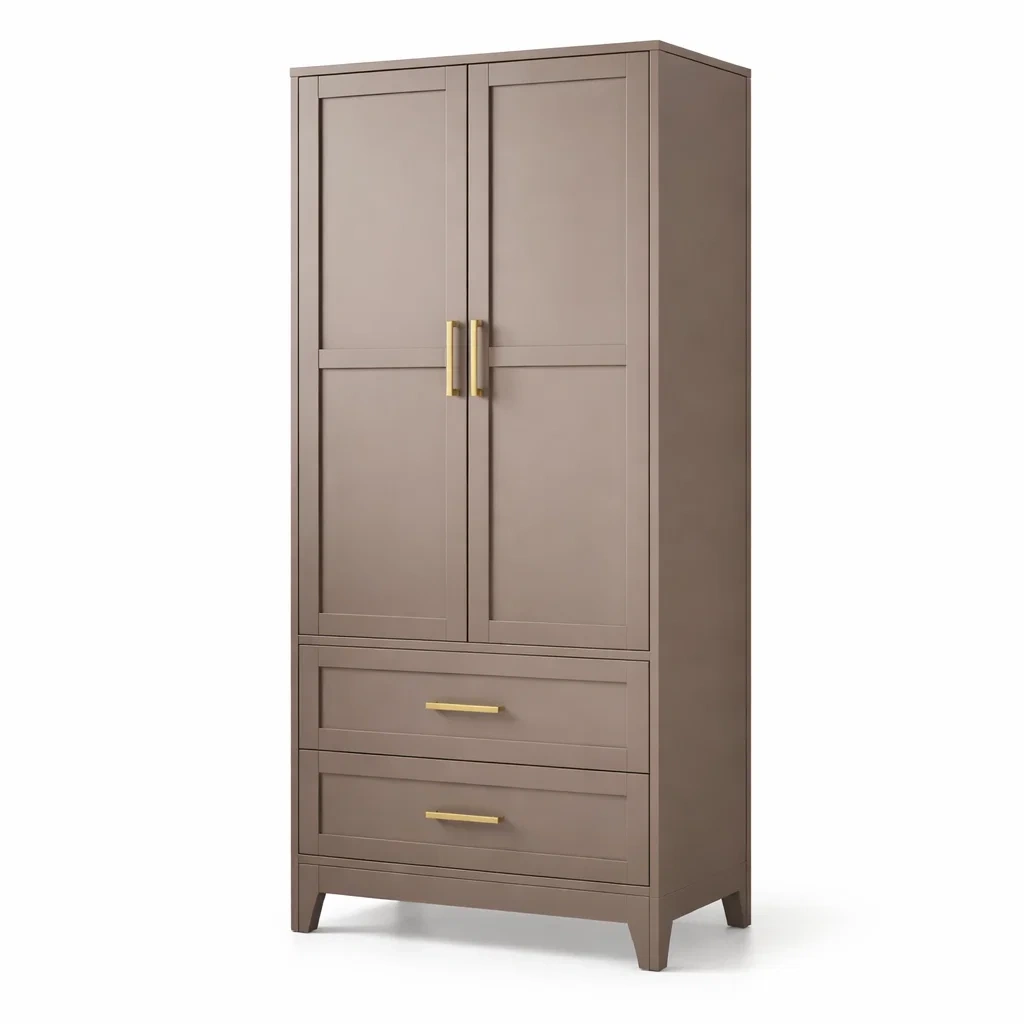 Armadio marrone a 2 ante con 2 cassetti e maniglie in metallo-URBANCOMFORTLIVING