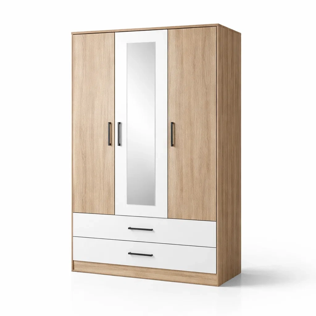 Armadio in legno composito con specchio e ante rovere bianco-URBANCOMFORTLIVING