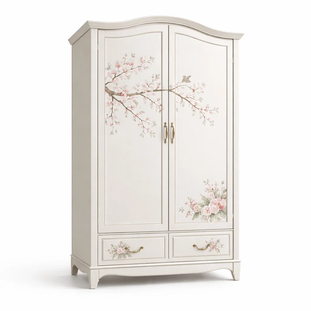 Armadio in legno con decorazioni floreali dipinte e maniglie in metallo-URBANCOMFORTLIVING