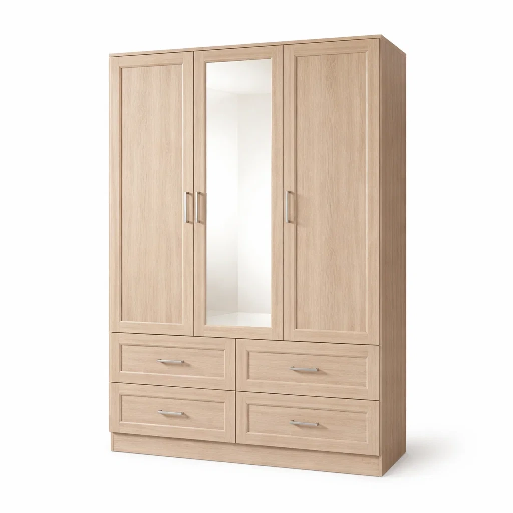 Armadio in legno chiaro con specchio 3 ante e 4 cassetti-URBANCOMFORTLIVING