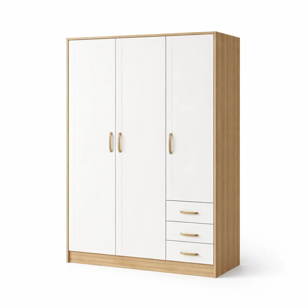 Armadio a tre ante con cassetti in legno bianco e quercia-URBANCOMFORTLIVING