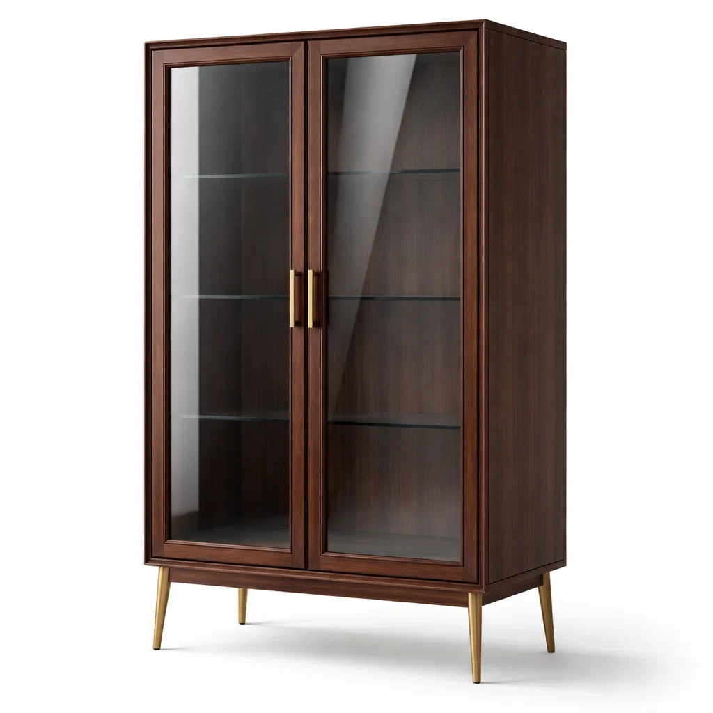 Vetrina in legno noce con vetro temperato e ante a battente-URBANCOMFORTLIVING