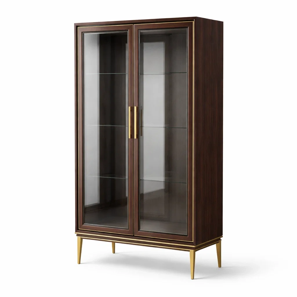Vetrina alta in legno e vetro temperato con mensole in metallo-URBANCOMFORTLIVING