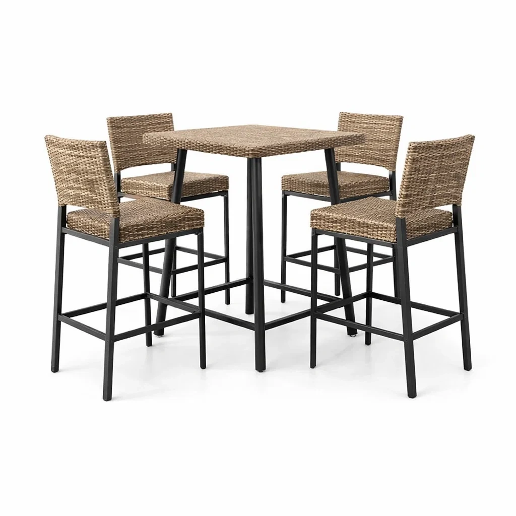 Set bar con tavolo in metallo e rattan e 4 sgabelli-URBANCOMFORTLIVING