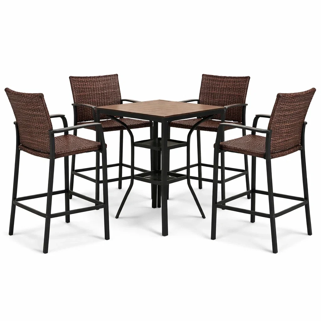 Set bar con tavolo quadrato e 4 sedie in legno e acciaio marrone-URBANCOMFORTLIVING