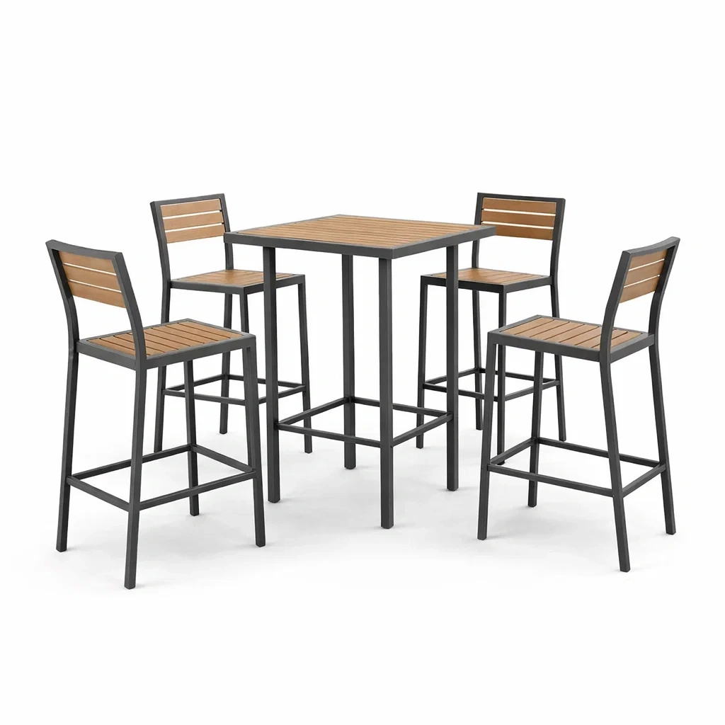 Set bar con tavolo alto e 4 sgabelli in alluminio e teak-URBANCOMFORTLIVING