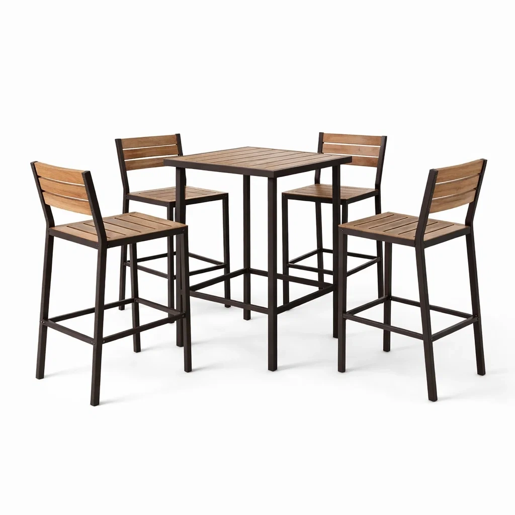 Set bar con tavolo alto e sgabelli in acciaio e legno di acacia-URBANCOMFORTLIVING