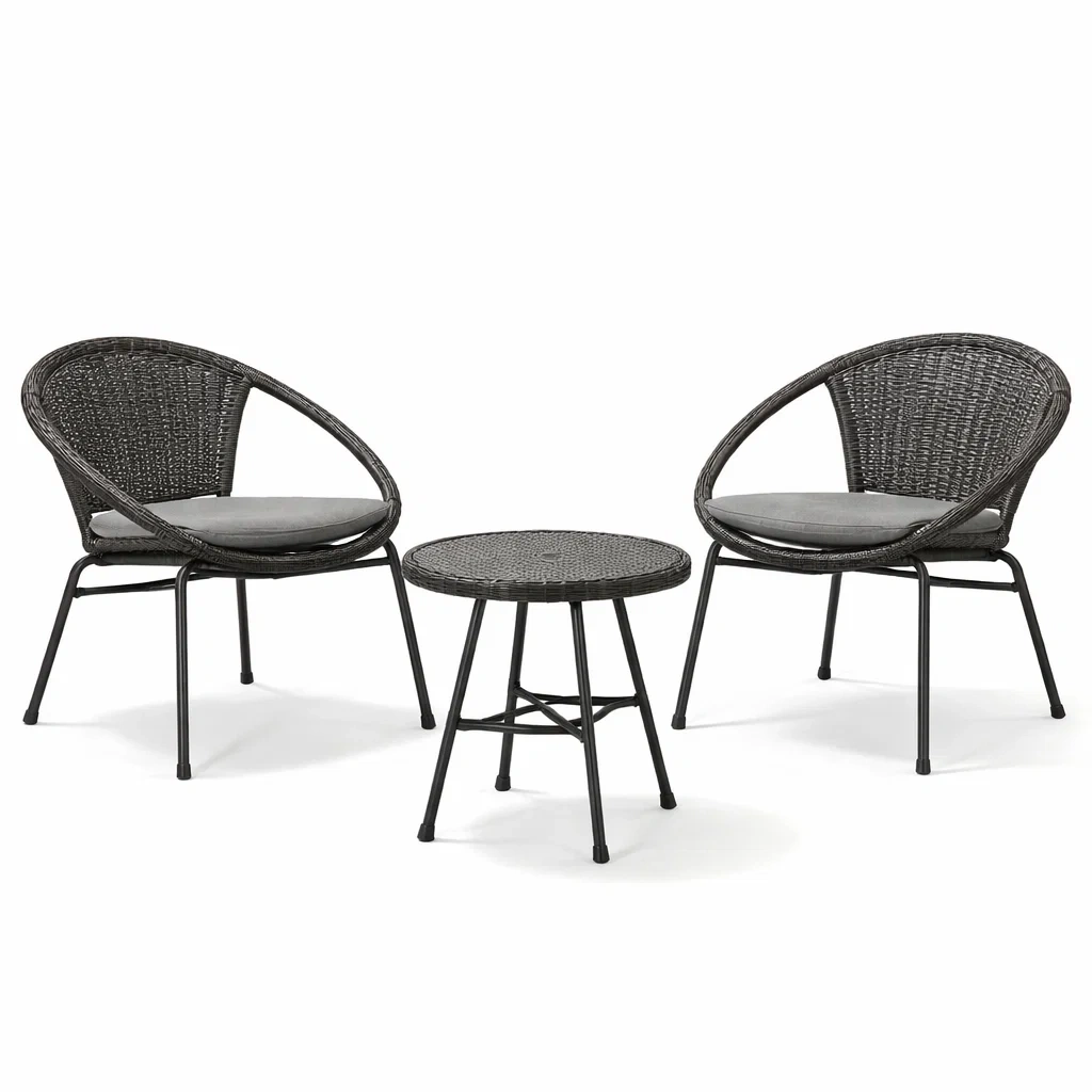 Set da relax piccolo 3 pezzi in rattan sintetico nero con cuscini grigi e tavolo rotondo-URBANCOMFORTLIVING