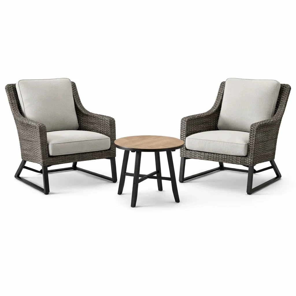 Set da relax piccolo con sedie in rattan sintetico e tavolino rotondo in legno-URBANCOMFORTLIVING