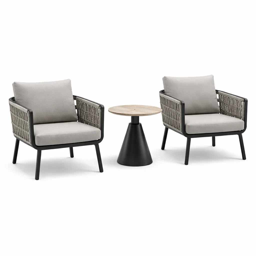 Set da relax piccolo con 2 poltrone in alluminio e corda e tavolino in metallo e legno-URBANCOMFORTLIVING