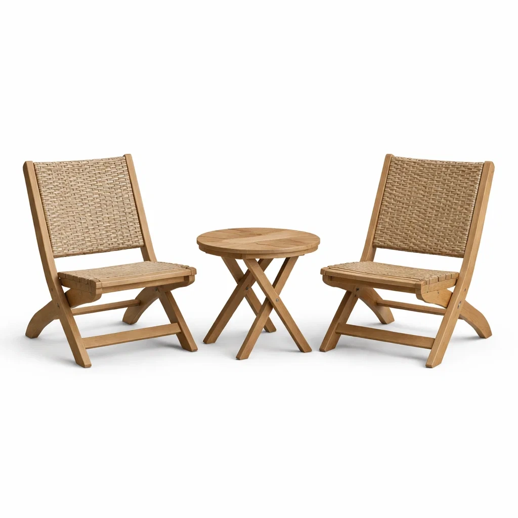 Set da relax piccolo con tavolino e sedie pieghevoli in legno di teak e vimini-URBANCOMFORTLIVING