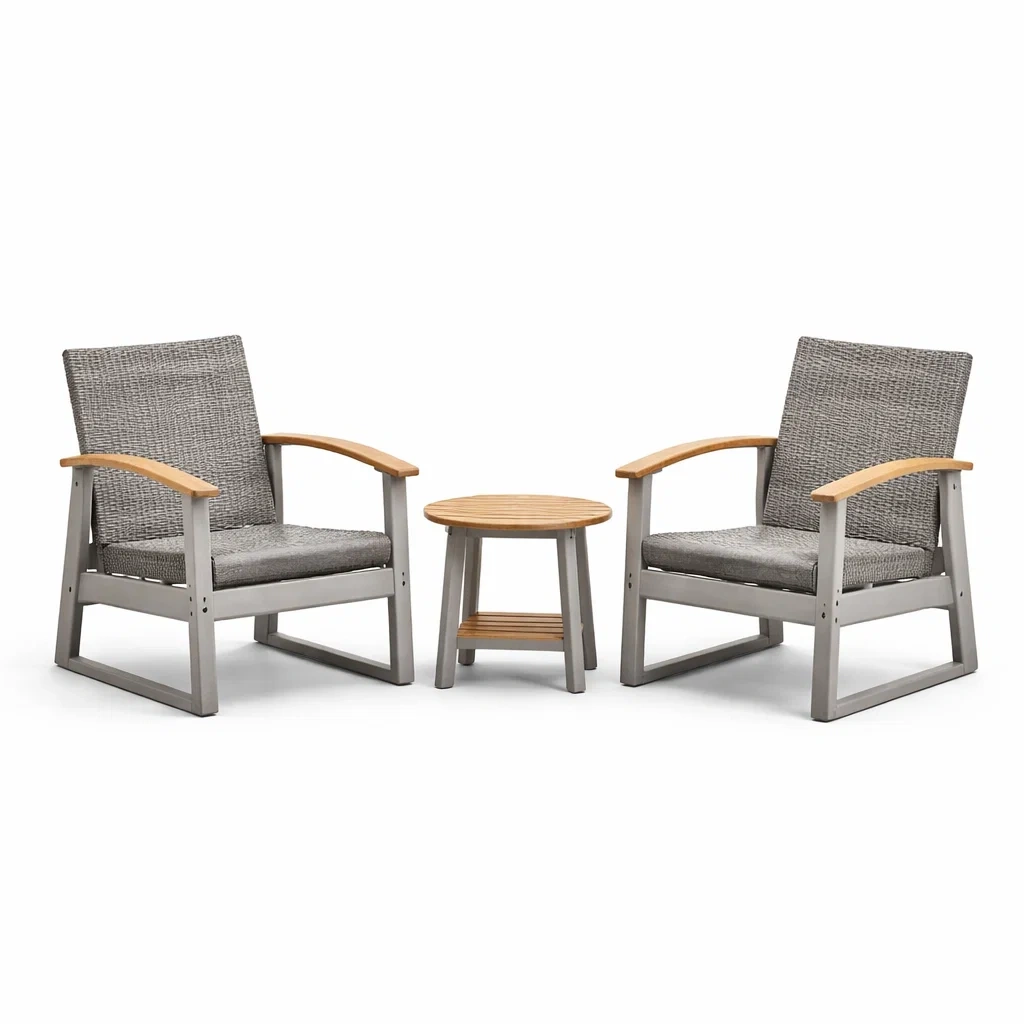Set da relax piccolo con 2 sedie in rattan sintetico grigio con braccioli in legno e tavolino-URBANCOMFORTLIVING