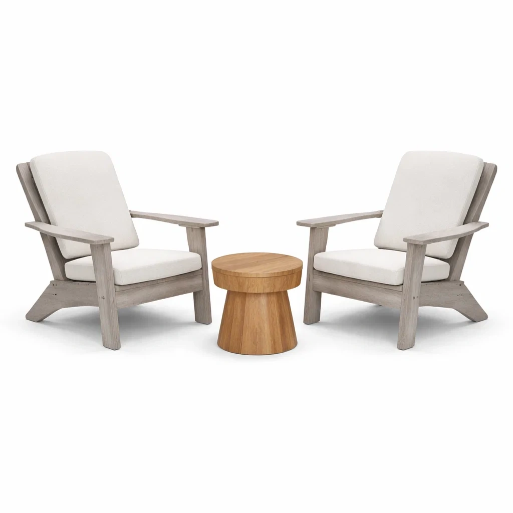 Set da relax piccolo in legno con due poltrone in tessuto e tavolino rotondo-URBANCOMFORTLIVING