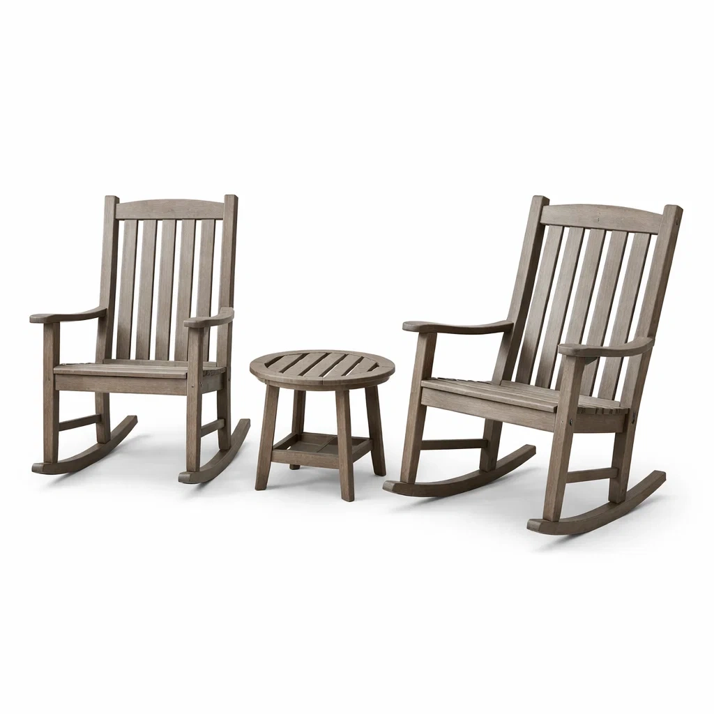 Set da relax piccolo con sedie a dondolo e tavolo rotondo in legno di acacia grigio-URBANCOMFORTLIVING