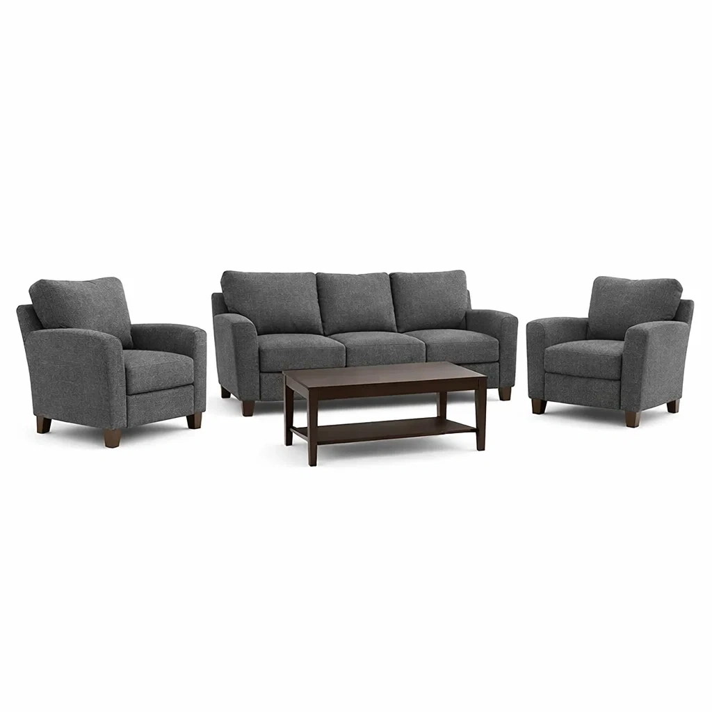 Set di divani 3 posti e poltrone con tavolino in tessuto grigio scuro-URBANCOMFORTLIVING