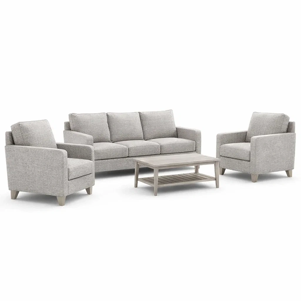 Set di divani tre posti poltrone e tavolino in tessuto grigio-URBANCOMFORTLIVING