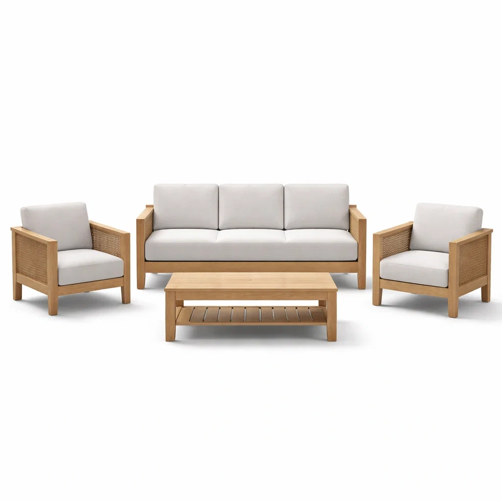 Set di divani in legno con poltrone tavolino in teak e cuscini grigio chiaro-URBANCOMFORTLIVING