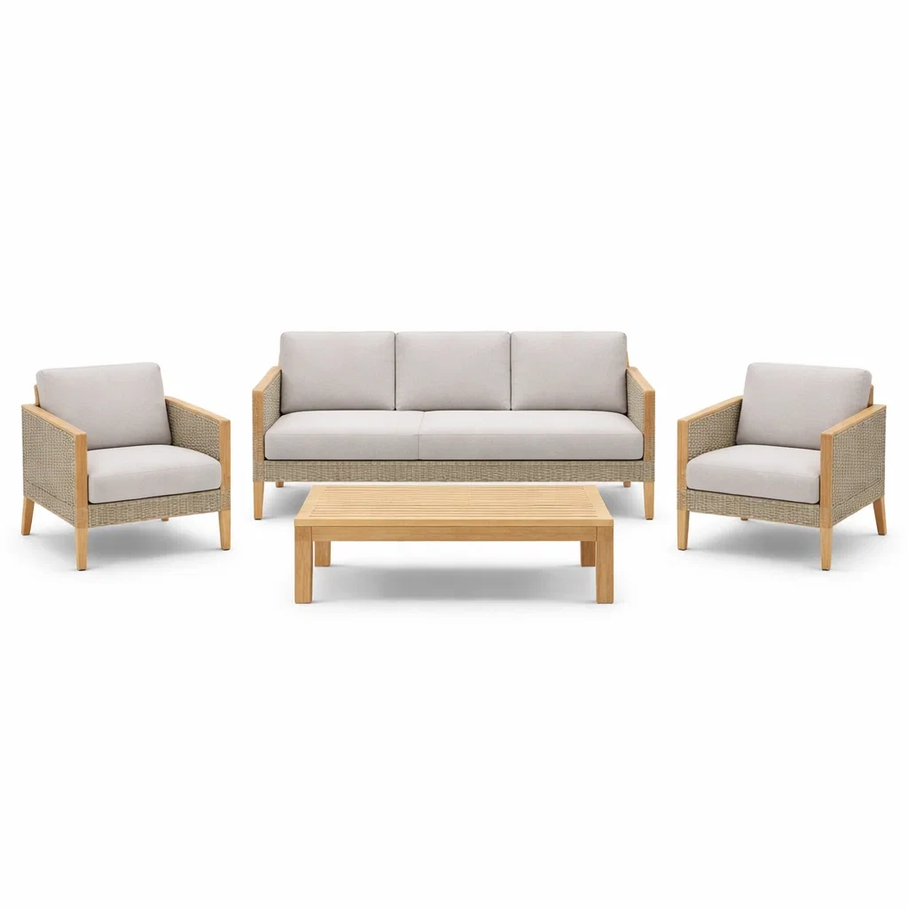 Set di divani da giardino in teak e rattan con poltrone e tavolo rettangolare beige-URBANCOMFORTLIVING