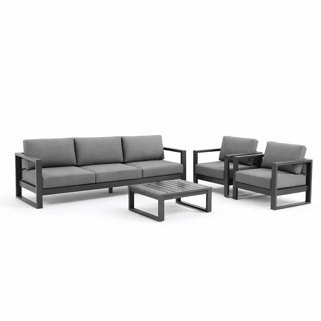 Set di divani da giardino in alluminio e tessuto grigio con tavolino-URBANCOMFORTLIVING