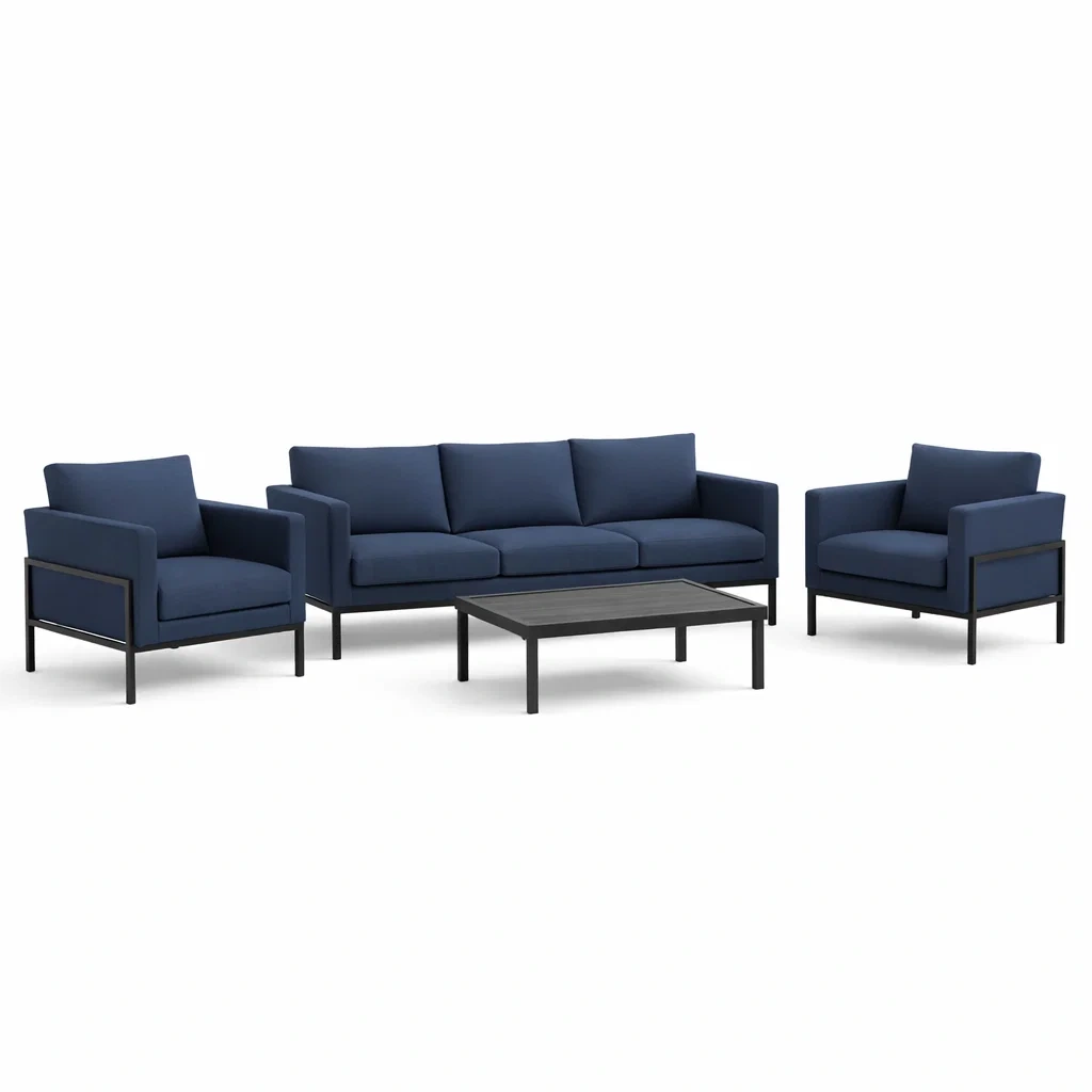 Set di divani da esterno in alluminio blu con poltrone e tavolino-URBANCOMFORTLIVING