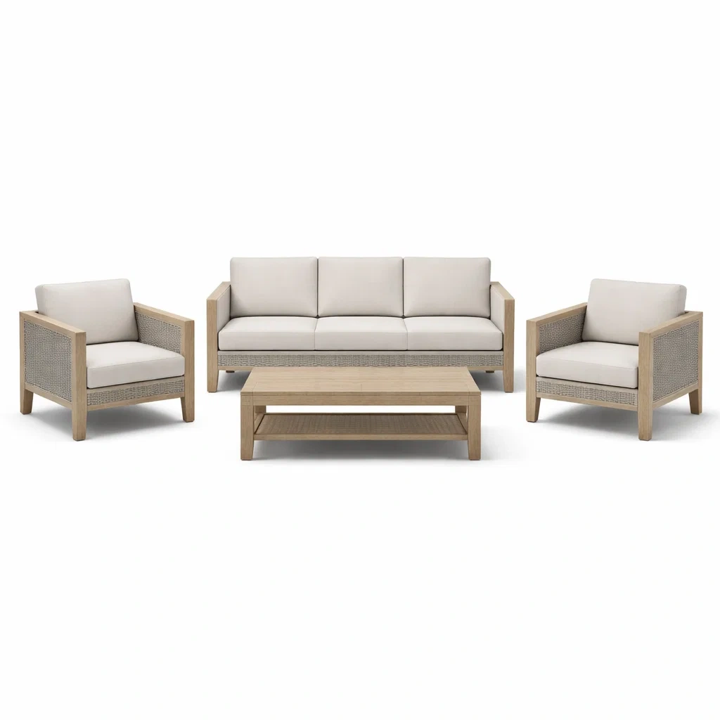 Set di divani in legno con cuscini beige-URBANCOMFORTLIVING