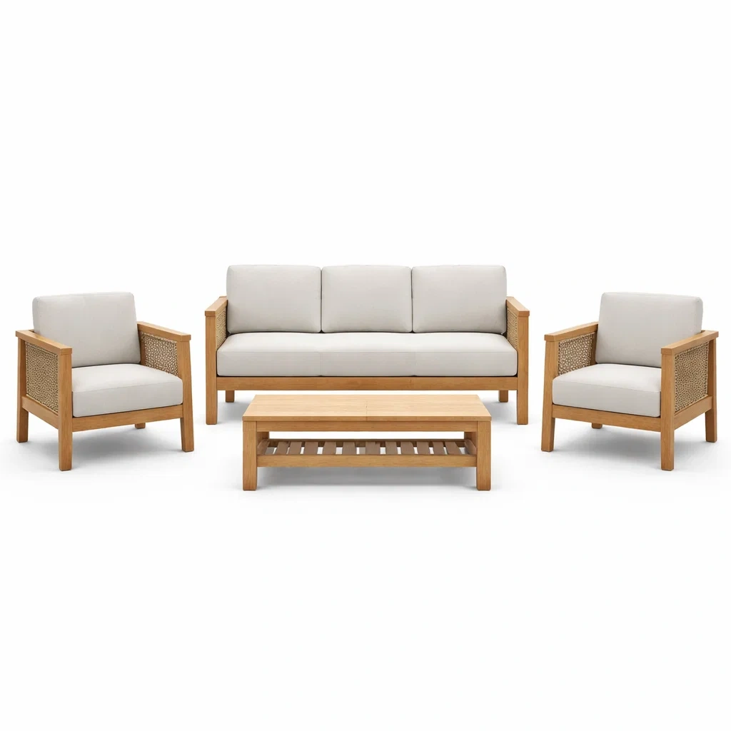 Set di divani e poltrone da esterno in legno di teak e tessuto acrilico-URBANCOMFORTLIVING
