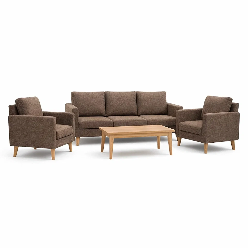 Set di divani in tessuto marrone con tavolino in legno-URBANCOMFORTLIVING