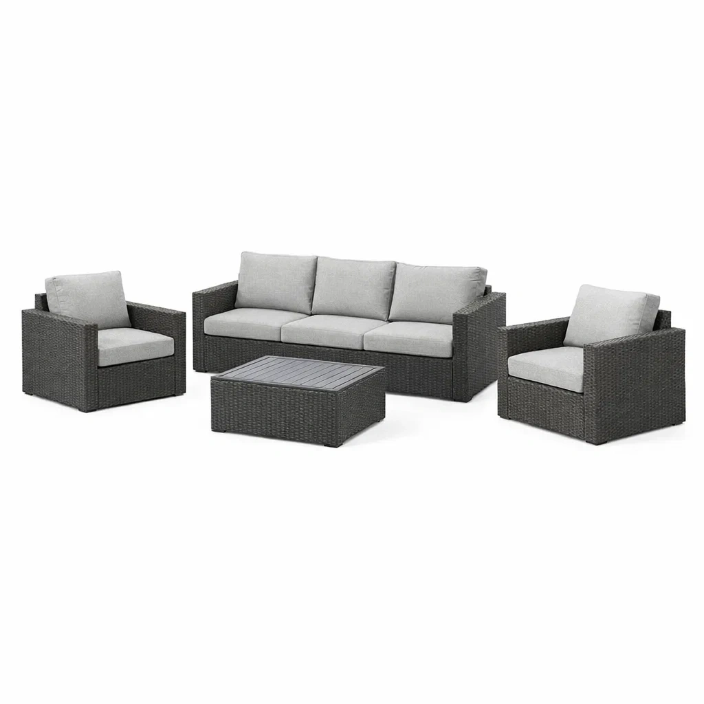 Set di divani da esterno in rattan con cuscini grigi-URBANCOMFORTLIVING