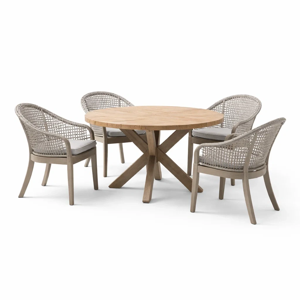 Set tavolo e sedie rotondo in legno con sedie intrecciate in fibra sintetica-URBANCOMFORTLIVING