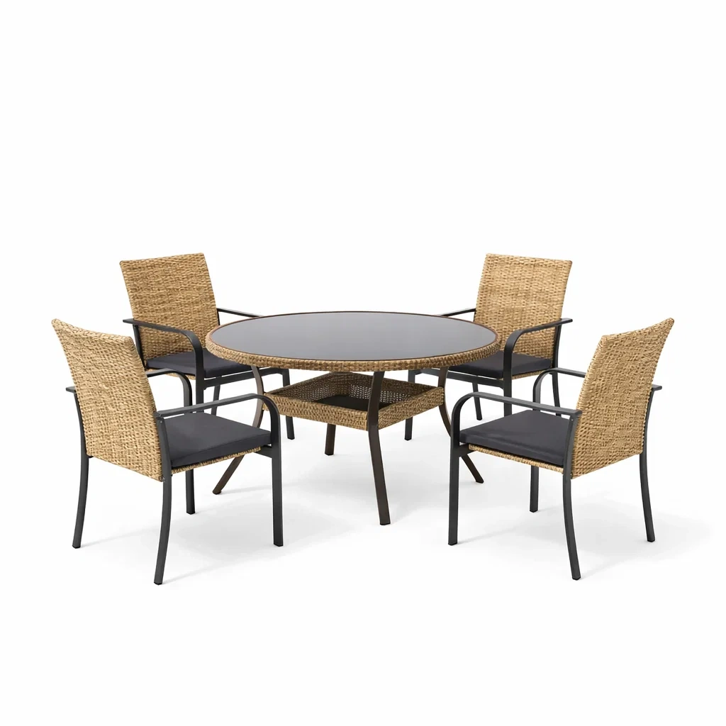 Set tavolo e sedie 5 pezzi in rattan con tavolo rotondo in vetro e sedie in acciaio-URBANCOMFORTLIVING