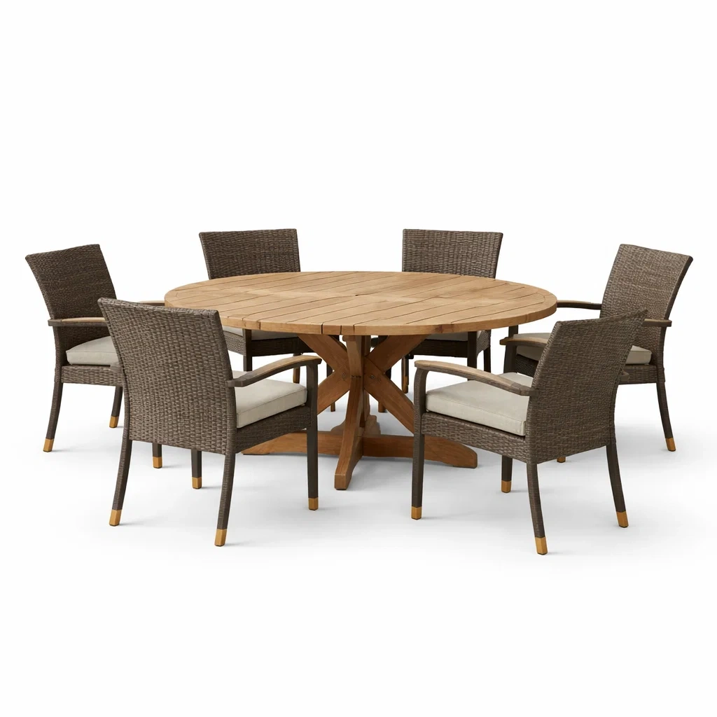 Set tavolo e sedie in legno di teak con sedie in rattan sintetico-URBANCOMFORTLIVING