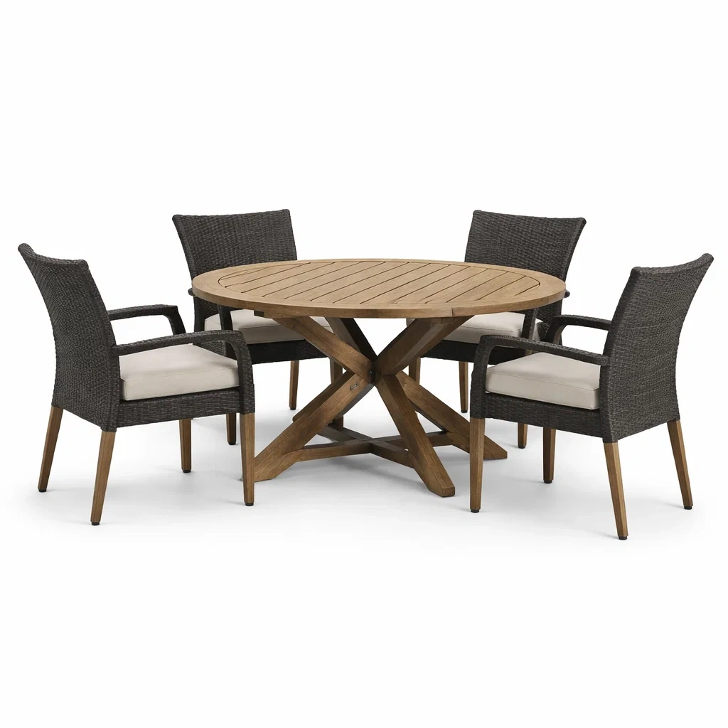 Set tavolo e sedie rotondo in legno teak con sedie in rattan e cuscini in poliestere-URBANCOMFORTLIVING