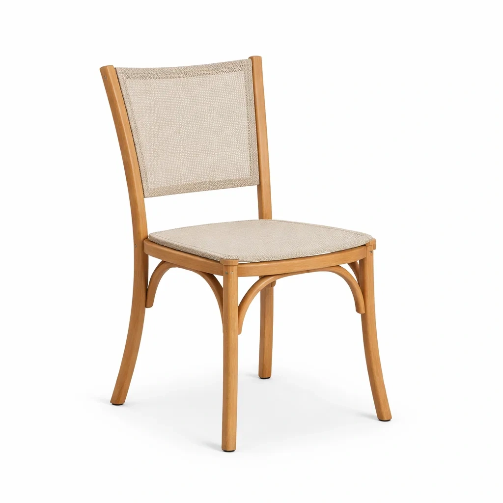 Sedia da pranzo in legno con rivestimento in tessuto beige-URBANCOMFORTLIVING