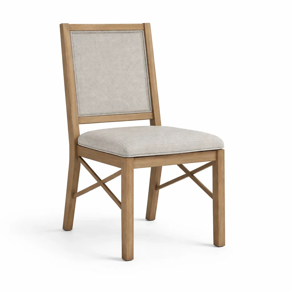 Sedia da pranzo in legno con seduta in tessuto poliestere grigio chiaro-URBANCOMFORTLIVING