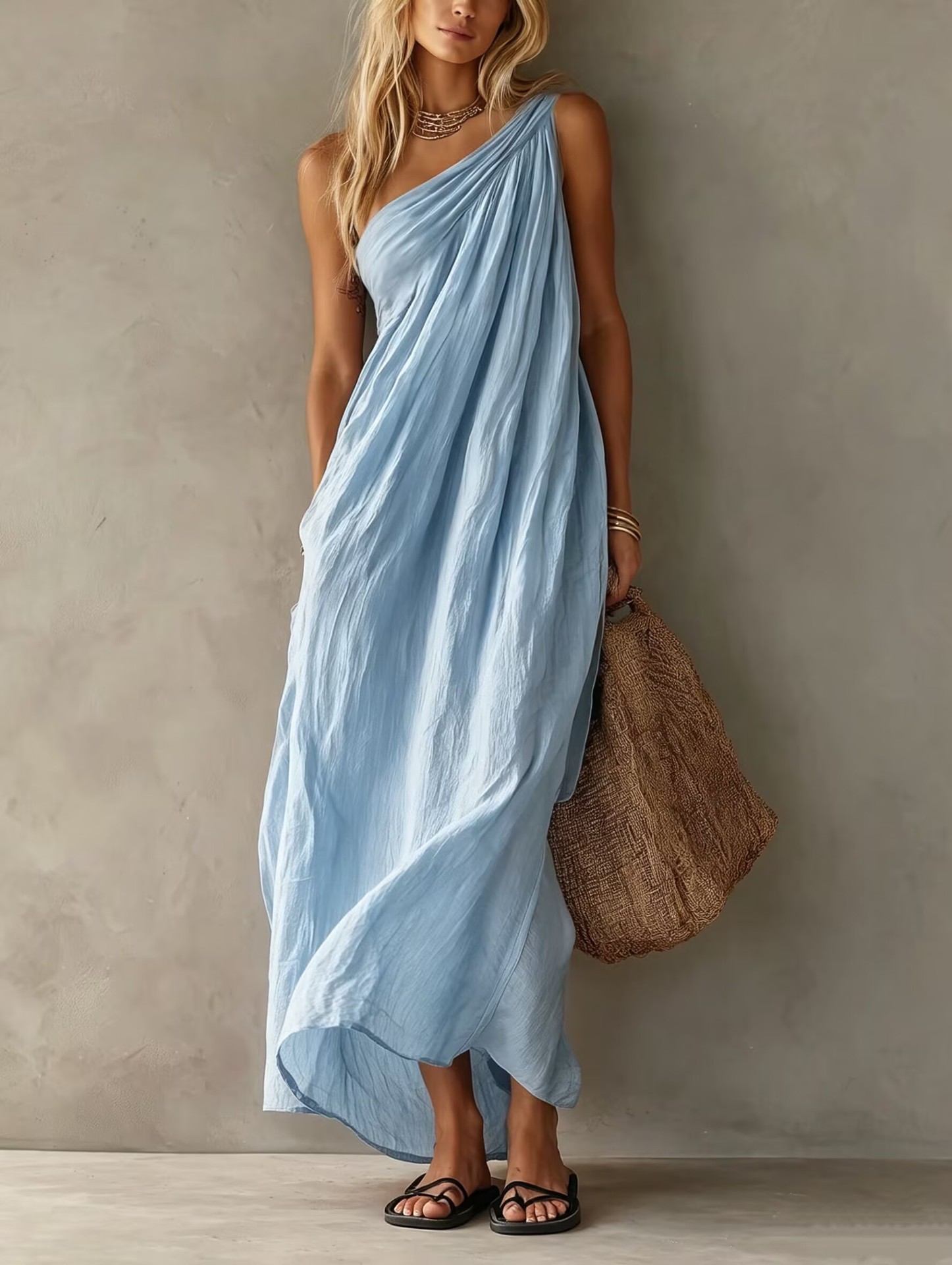 Women's Elegant Pink Cotton-Linen One-Shoulder Sleeveless Maxi Dress