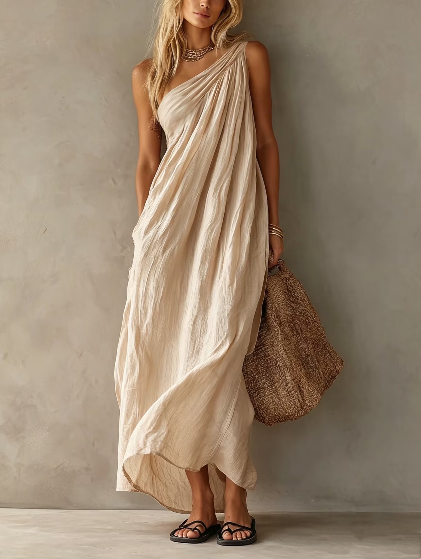 Women's Elegant Pink Cotton-Linen One-Shoulder Sleeveless Maxi Dress