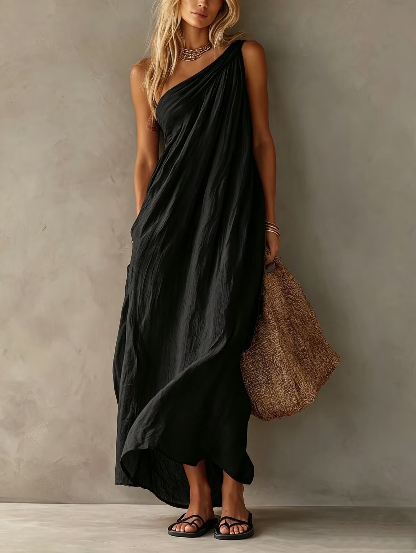 Women's Elegant Pink Cotton-Linen One-Shoulder Sleeveless Maxi Dress