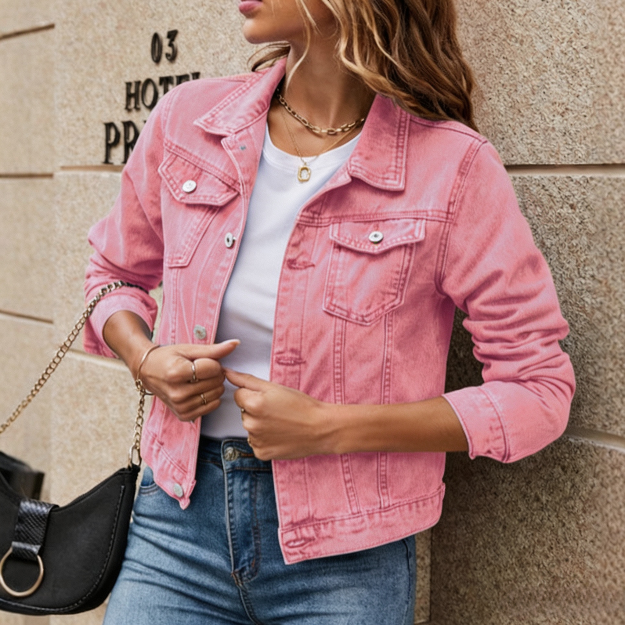 Women's Stylish Lapel Denim Jacket with Pockets