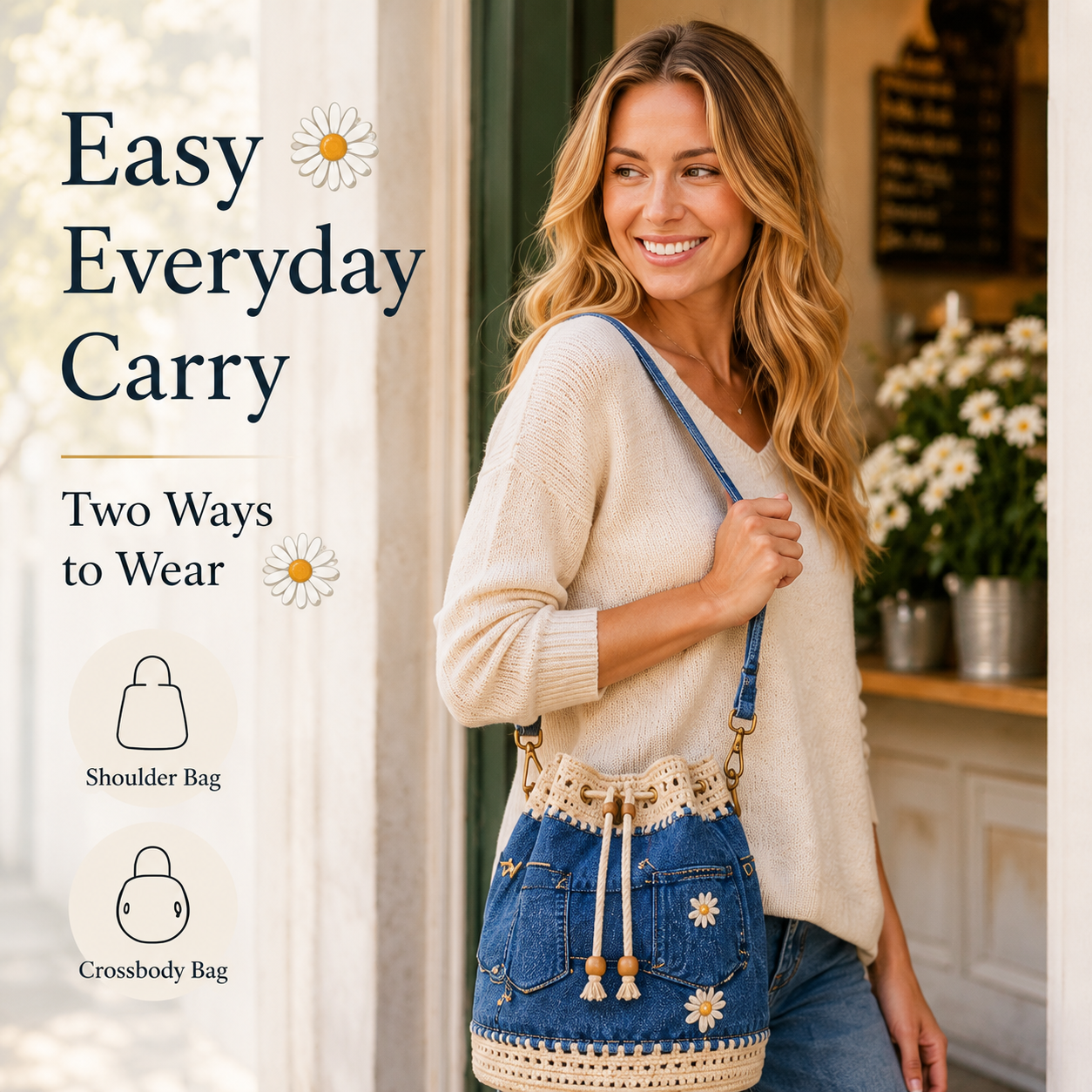 Women's Daisy Embroidered Denim Bucket Crossbody Bag