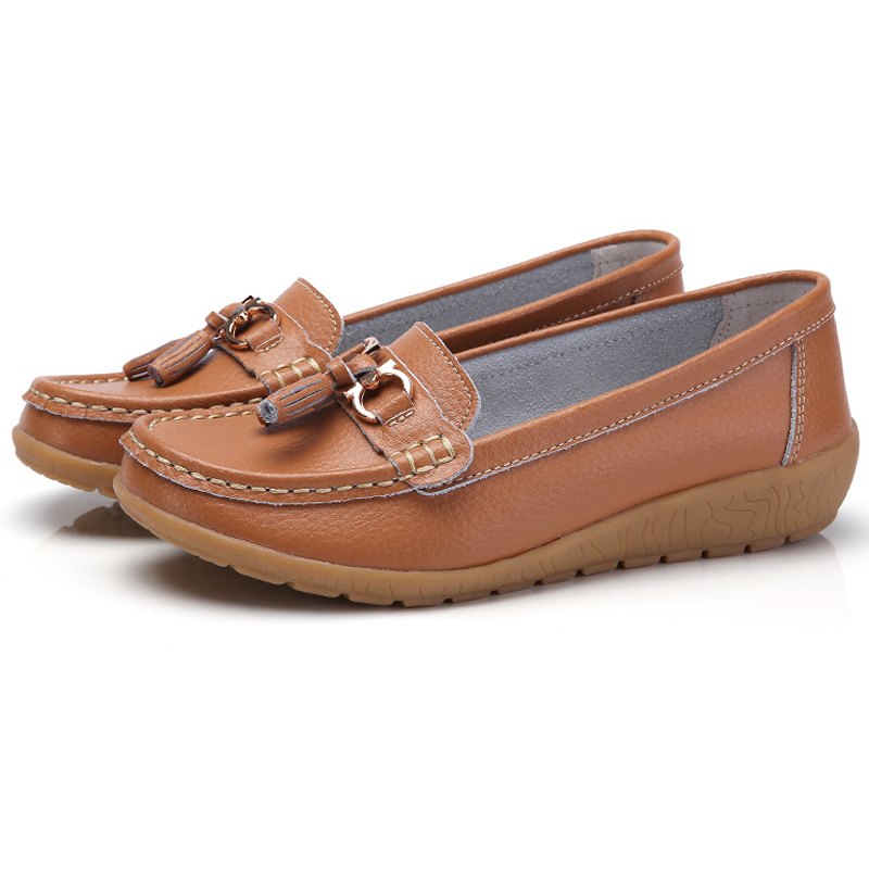 🔥Hot Sale🔥 Round-Toe Calfskin Flats, Breathable Orthopedic Slip-On Walking Shoes