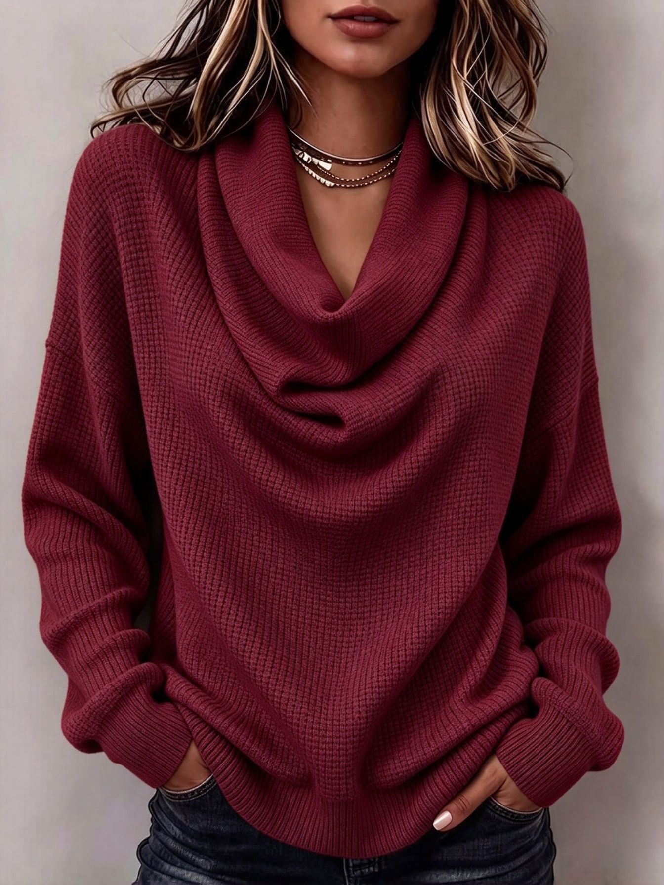 Women's Oversized Waffle Knit Cowl Neck Top, Long Sleeve Drop Shoulder Relaxed Fit
