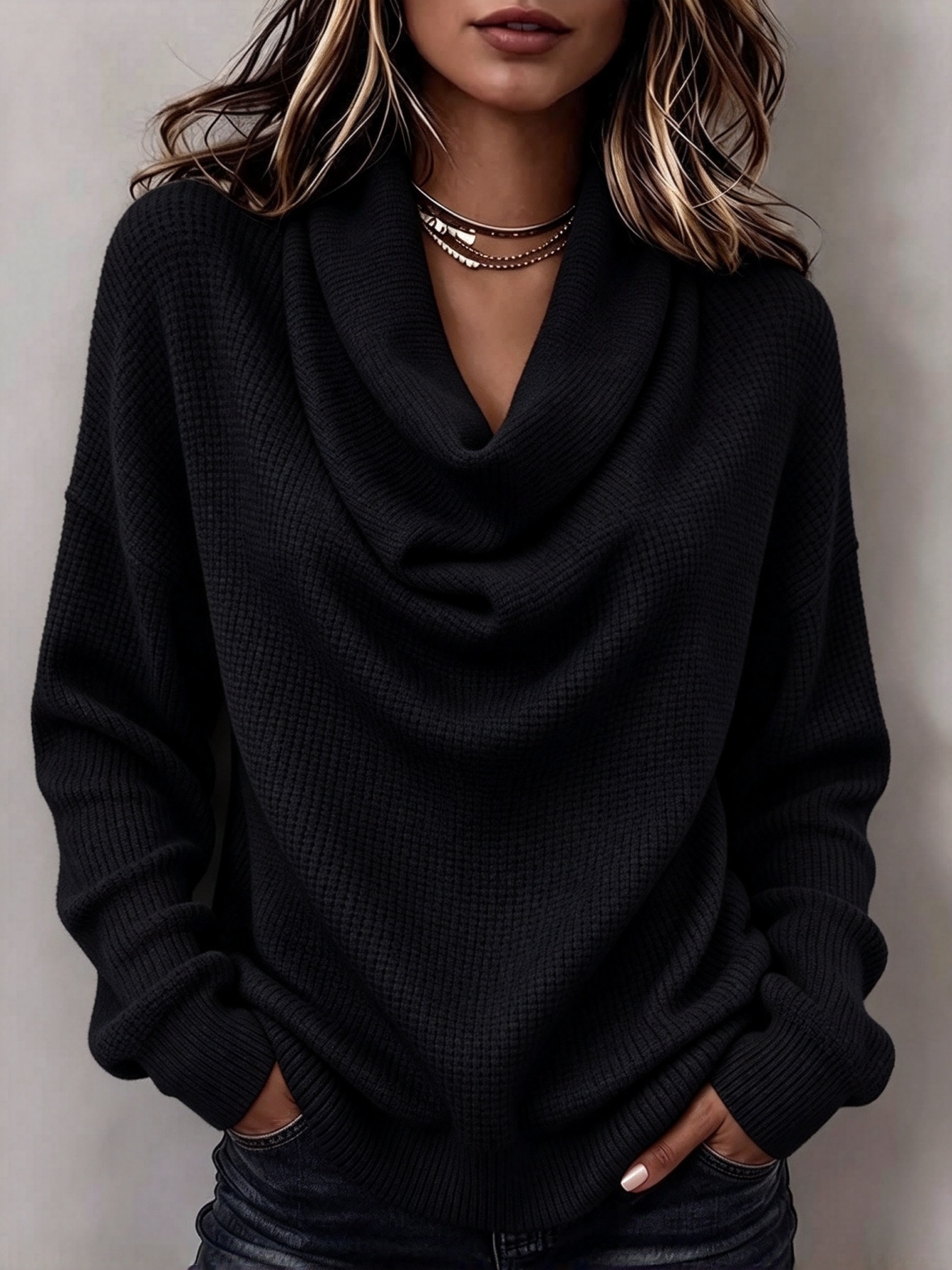 Women's Oversized Waffle Knit Cowl Neck Top, Long Sleeve Drop Shoulder Relaxed Fit
