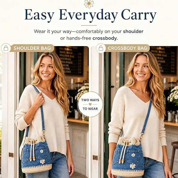 Women's Daisy Embroidered Denim Bucket Crossbody Bag