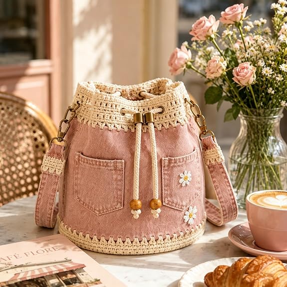 Women's Daisy Embroidered Denim Bucket Crossbody Bag