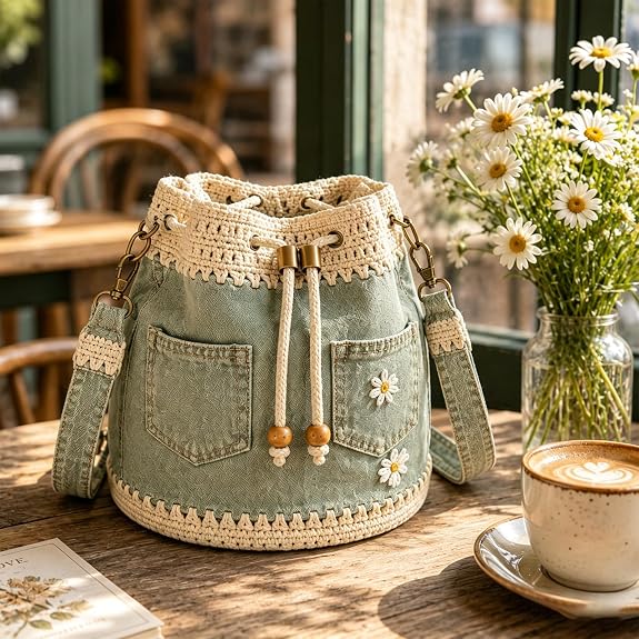 Women's Daisy Embroidered Denim Bucket Crossbody Bag