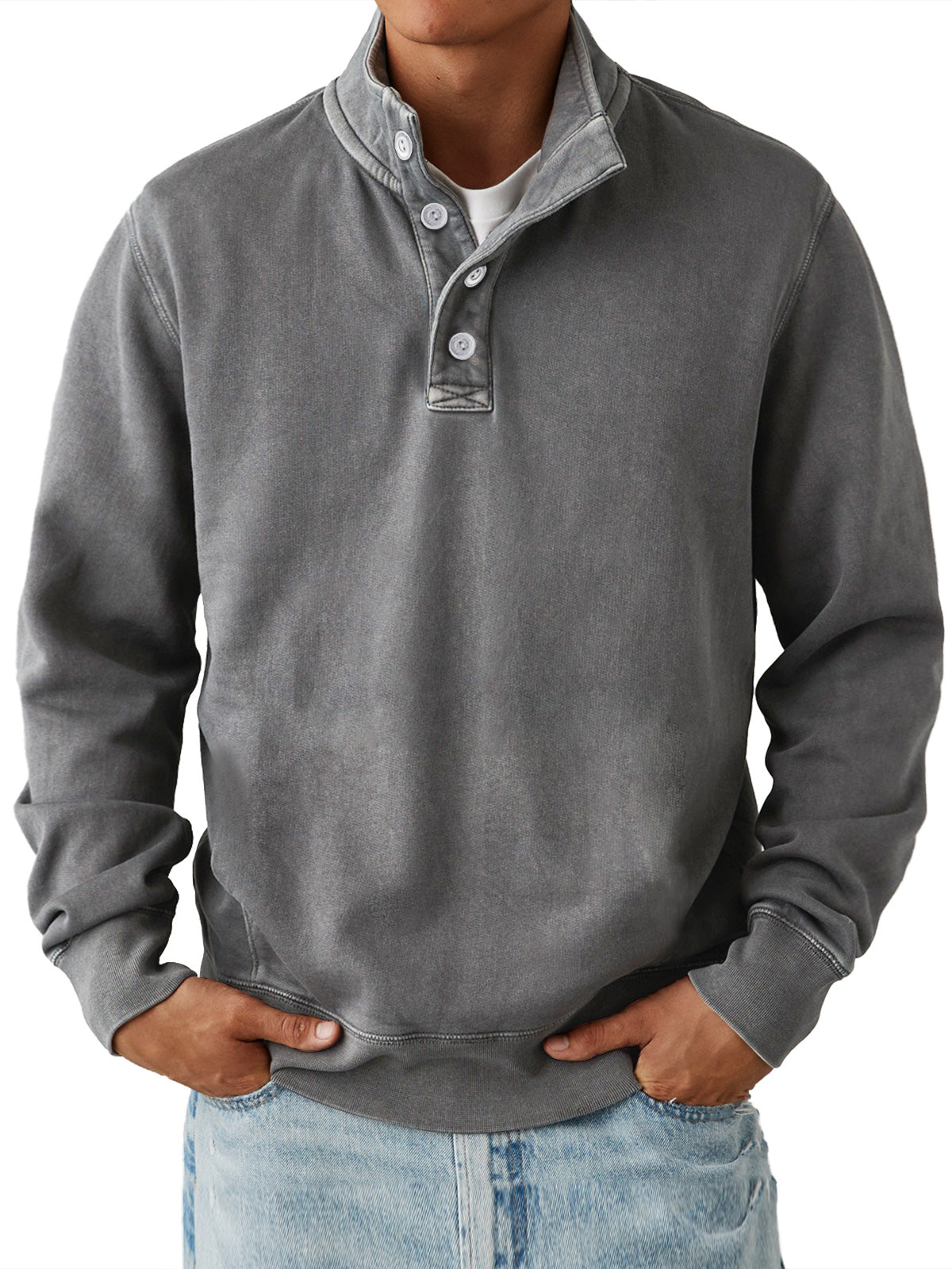 Men'sCasualStandCollarButtonSolidColorComfortable Sweatshirt