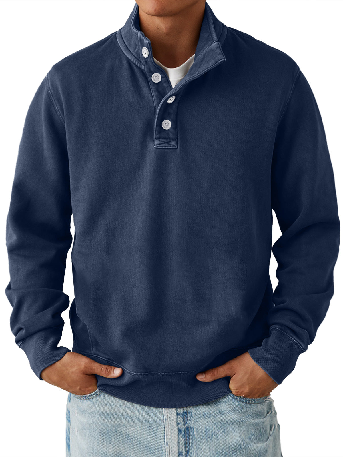 Men'sCasualStandCollarButtonSolidColorComfortable Sweatshirt
