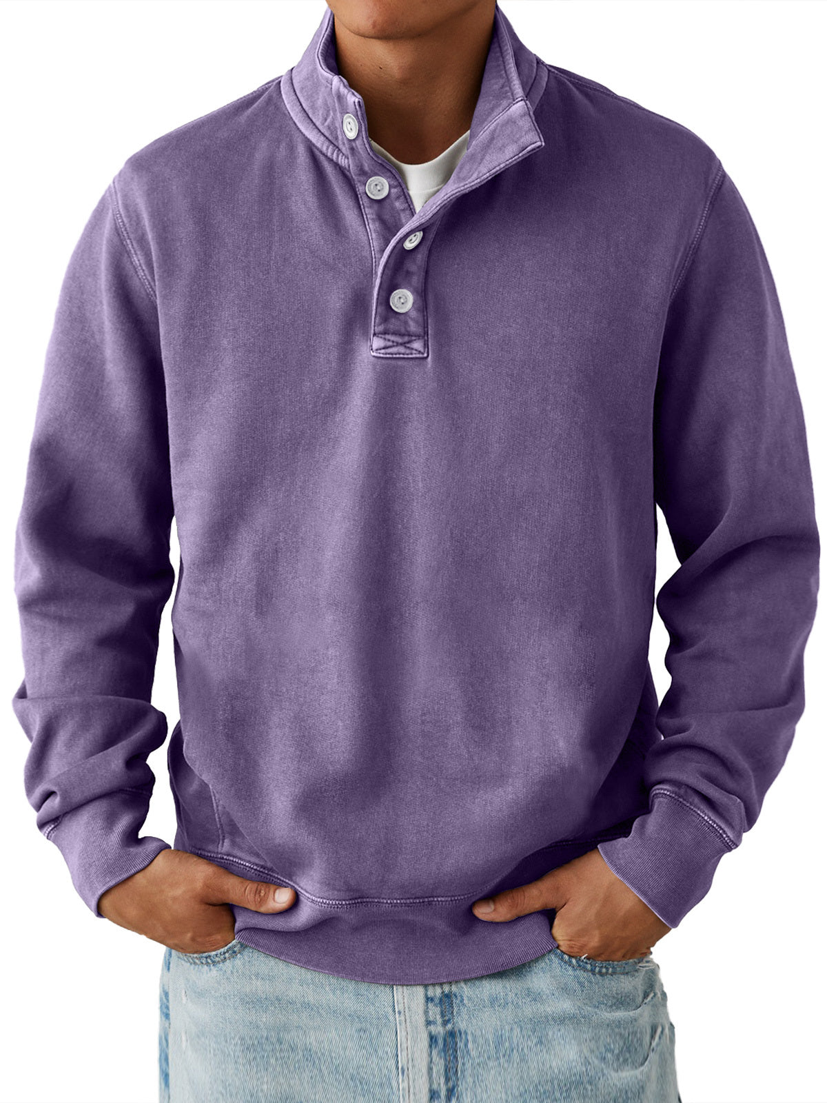 Men'sCasualStandCollarButtonSolidColorComfortable Sweatshirt