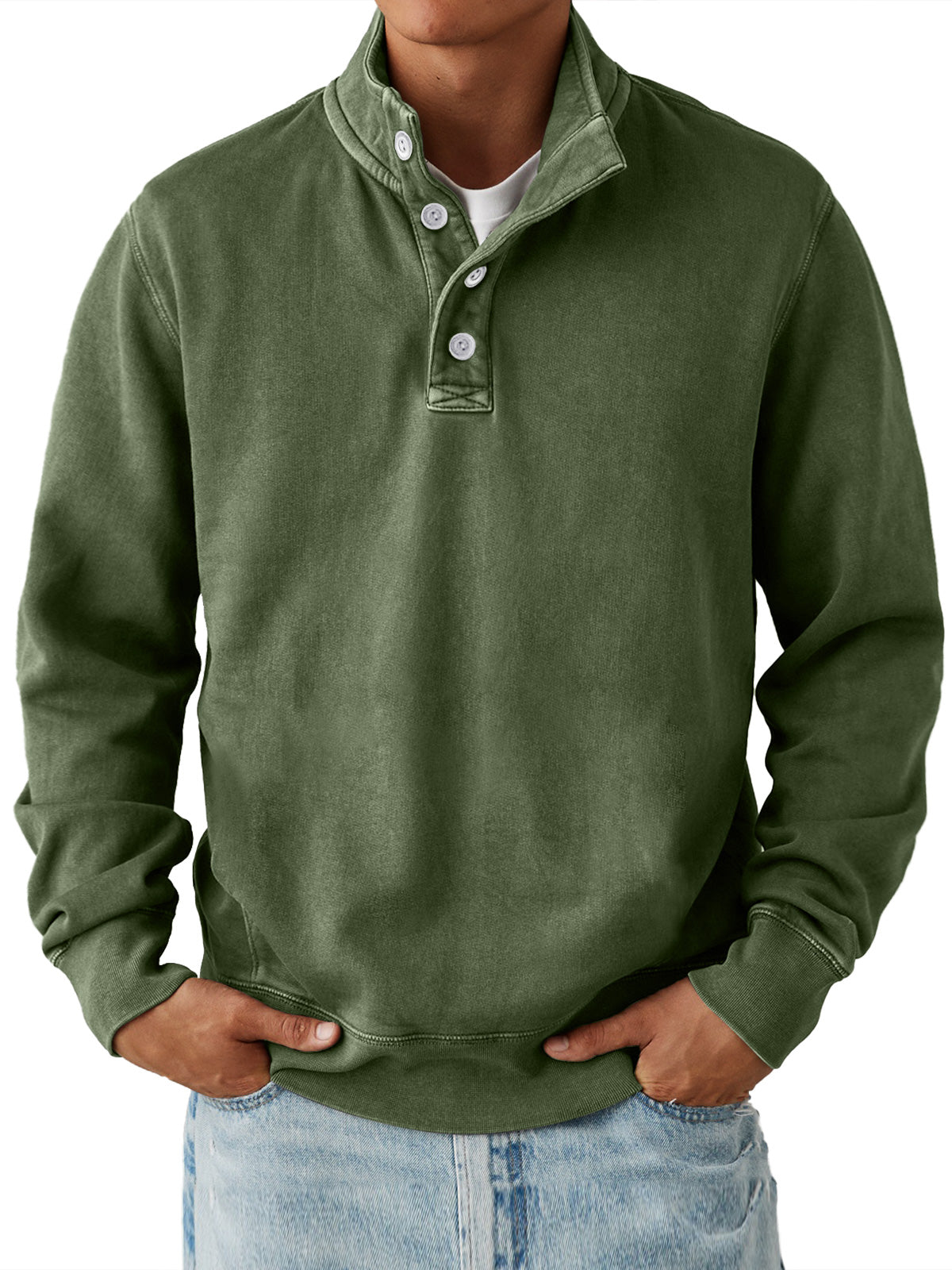 Men'sCasualStandCollarButtonSolidColorComfortable Sweatshirt