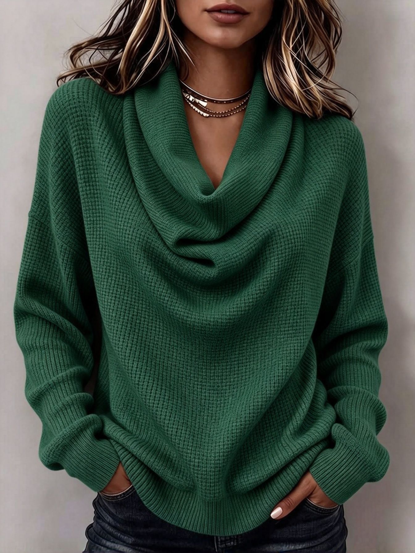 Women's Oversized Waffle Knit Cowl Neck Top, Long Sleeve Drop Shoulder Relaxed Fit